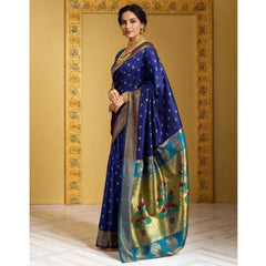Mayawye Women's Silk Blend Zari Woven Saree With Unstitched Blouse 5.5Mtr (Navy)