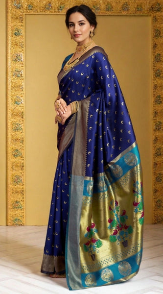 Mayawye Women's Silk Blend Zari Woven Saree With Unstitched Blouse 5.5Mtr (Navy)