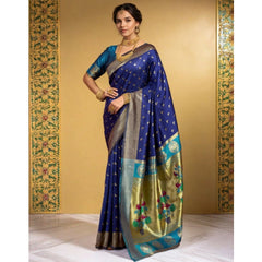 Mayawye Women's Silk Blend Zari Woven Saree With Unstitched Blouse 5.5Mtr (Navy)