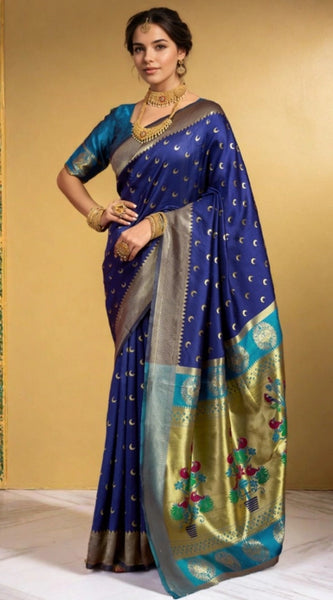 Mayawye Women's Silk Blend Zari Woven Saree With Unstitched Blouse 5.5Mtr (Navy)