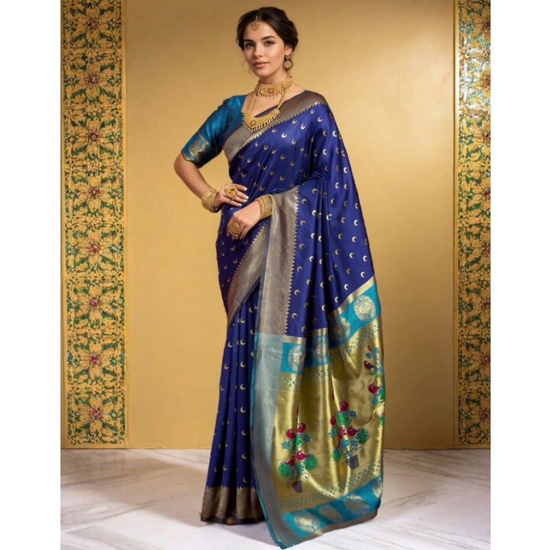 Mayawye Women's Silk Blend Zari Woven Saree With Unstitched Blouse 5.5Mtr (Navy)