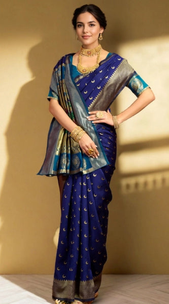 Mayawye Women's Silk Blend Zari Woven Saree With Unstitched Blouse 5.5Mtr (Navy)