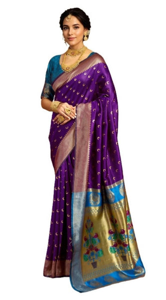 Mayawye Women's Silk Blend Zari Woven Saree With Unstitched Blouse 5.5Mtr (Purple)