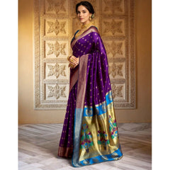 Mayawye Women's Silk Blend Zari Woven Saree With Unstitched Blouse 5.5Mtr (Purple)