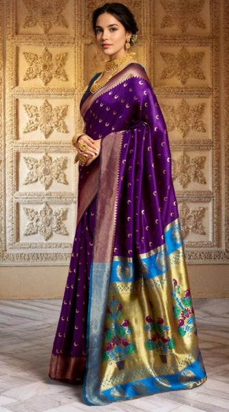 Mayawye Women's Silk Blend Zari Woven Saree With Unstitched Blouse 5.5Mtr (Purple)