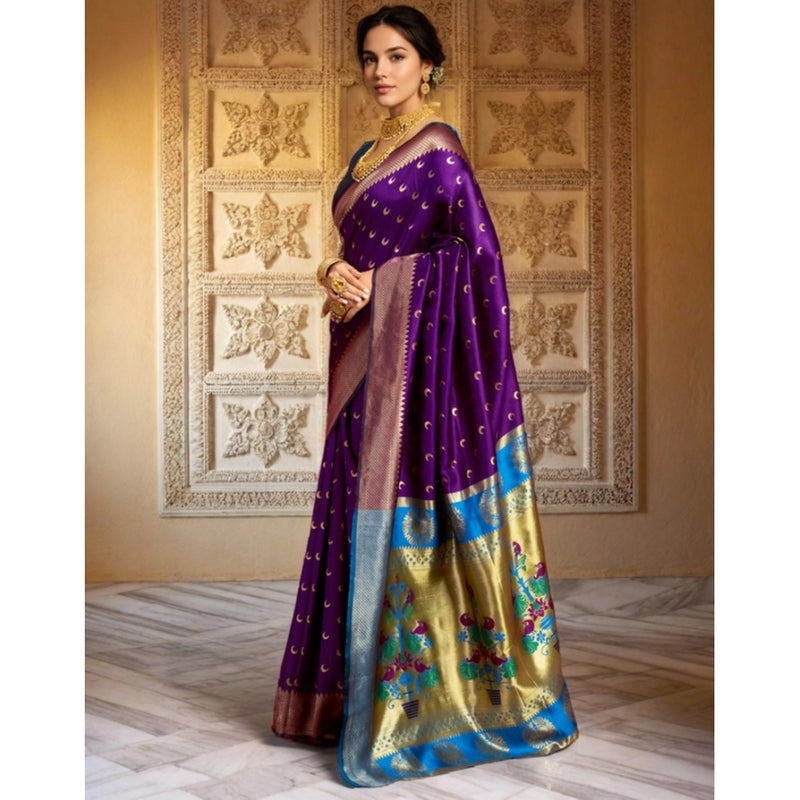 Mayawye Women's Silk Blend Zari Woven Saree With Unstitched Blouse 5.5Mtr (Purple)