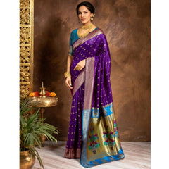 Mayawye Women's Silk Blend Zari Woven Saree With Unstitched Blouse 5.5Mtr (Purple)