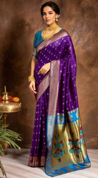 Mayawye Women's Silk Blend Zari Woven Saree With Unstitched Blouse 5.5Mtr (Purple)