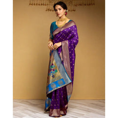 Mayawye Women's Silk Blend Zari Woven Saree With Unstitched Blouse 5.5Mtr (Purple)