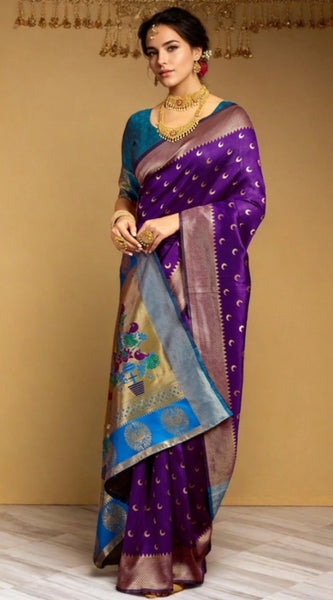 Mayawye Women's Silk Blend Zari Woven Saree With Unstitched Blouse 5.5Mtr (Purple)