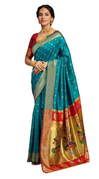 Mayawye Women's Silk Blend Zari Woven Saree With Unstitched Blouse 5.5Mtr (Rama)