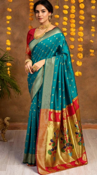 Mayawye Women's Silk Blend Zari Woven Saree With Unstitched Blouse 5.5Mtr (Rama)