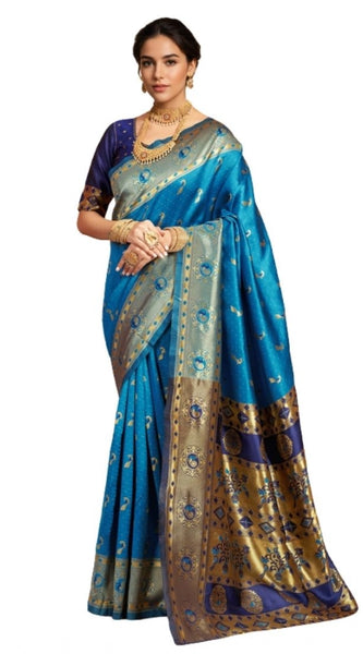 Mayawye Women's Silk Blend Zari Weaving Saree With Unstitched Blouse 5.5Mtr (Aqua)