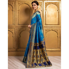 Mayawye Women's Silk Blend Zari Weaving Saree With Unstitched Blouse 5.5Mtr (Aqua)