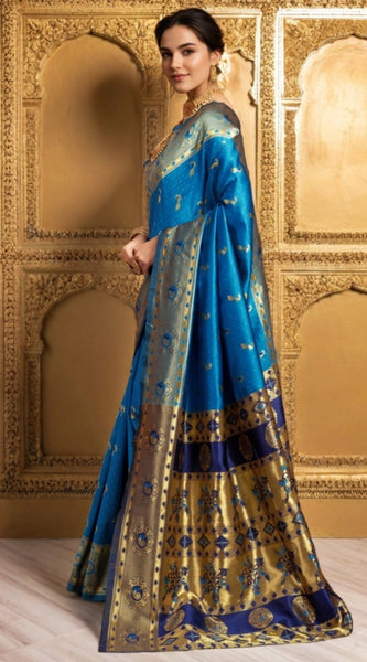 Mayawye Women's Silk Blend Zari Weaving Saree With Unstitched Blouse 5.5Mtr (Aqua)