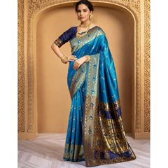 Mayawye Women's Silk Blend Zari Weaving Saree With Unstitched Blouse 5.5Mtr (Aqua)