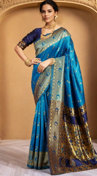 Mayawye Women's Silk Blend Zari Weaving Saree With Unstitched Blouse 5.5Mtr (Aqua)