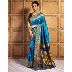 Mayawye Women's Silk Blend Zari Weaving Saree With Unstitched Blouse 5.5Mtr (Aqua)