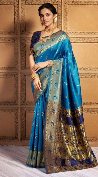 Mayawye Women's Silk Blend Zari Weaving Saree With Unstitched Blouse 5.5Mtr (Aqua)