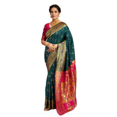 Mayawye Women's Silk Blend Zari Weaving Saree With Unstitched Blouse 5.5Mtr (Dark-Green)