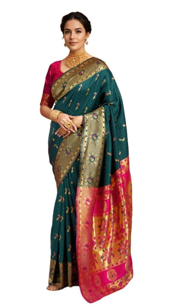 Mayawye Women's Silk Blend Zari Weaving Saree With Unstitched Blouse 5.5Mtr (Dark-Green)