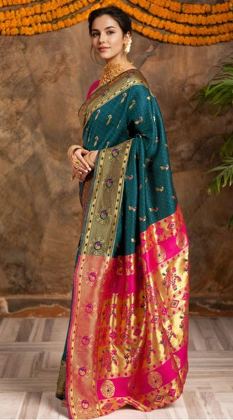 Mayawye Women's Silk Blend Zari Weaving Saree With Unstitched Blouse 5.5Mtr (Dark-Green)