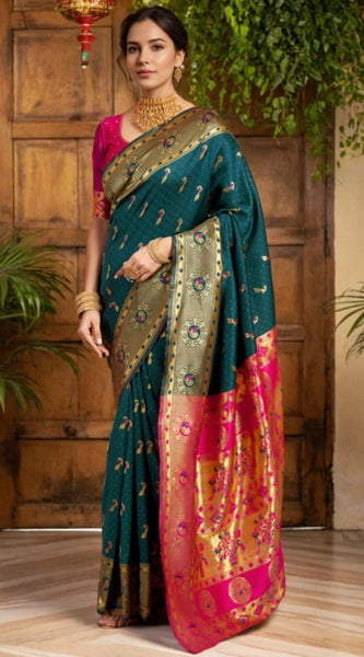 Mayawye Women's Silk Blend Zari Weaving Saree With Unstitched Blouse 5.5Mtr (Dark-Green)