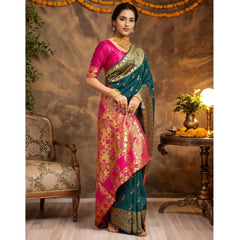 Mayawye Women's Silk Blend Zari Weaving Saree With Unstitched Blouse 5.5Mtr (Dark-Green)