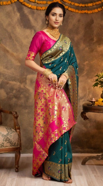 Mayawye Women's Silk Blend Zari Weaving Saree With Unstitched Blouse 5.5Mtr (Dark-Green)