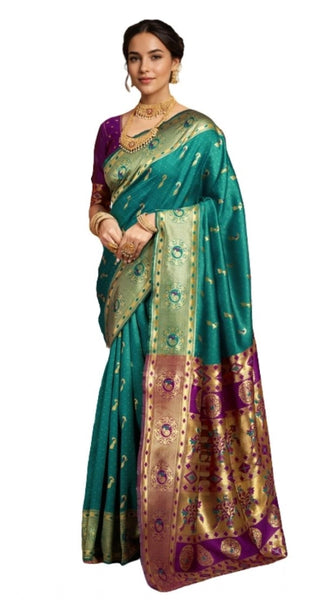 Mayawye Women's Silk Blend Zari Weaving Saree With Unstitched Blouse 5.5Mtr (Green)