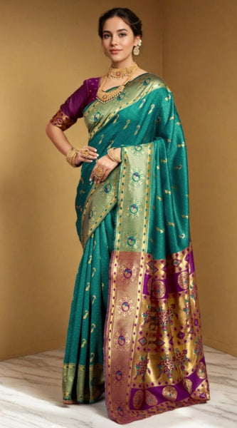 Mayawye Women's Silk Blend Zari Weaving Saree With Unstitched Blouse 5.5Mtr (Green)