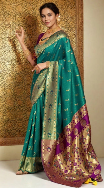 Mayawye Women's Silk Blend Zari Weaving Saree With Unstitched Blouse 5.5Mtr (Green)