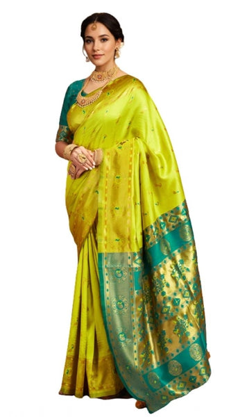 Mayawye Women's Silk Blend Zari Weaving Saree With Unstitched Blouse 5.5Mtr (Lime-Green)