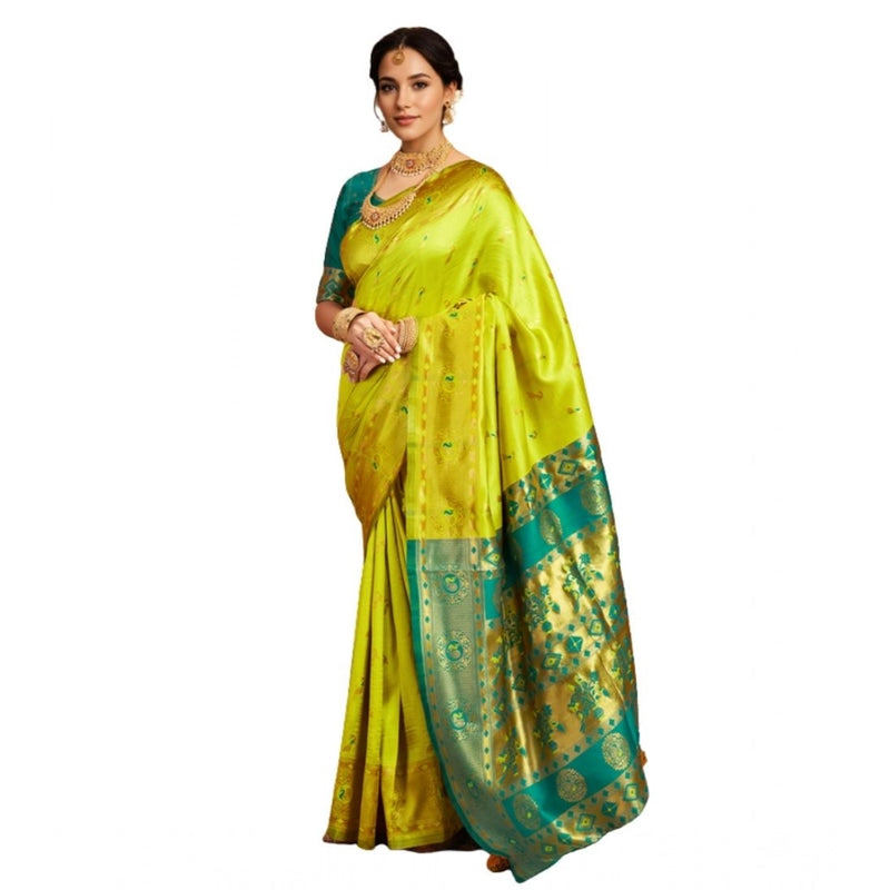Mayawye Women's Silk Blend Zari Weaving Saree With Unstitched Blouse 5.5Mtr (Lime-Green)