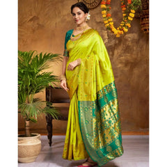 Mayawye Women's Silk Blend Zari Weaving Saree With Unstitched Blouse 5.5Mtr (Lime-Green)