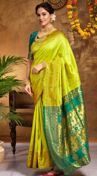 Mayawye Women's Silk Blend Zari Weaving Saree With Unstitched Blouse 5.5Mtr (Lime-Green)