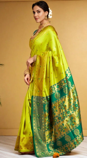 Mayawye Women's Silk Blend Zari Weaving Saree With Unstitched Blouse 5.5Mtr (Lime-Green)