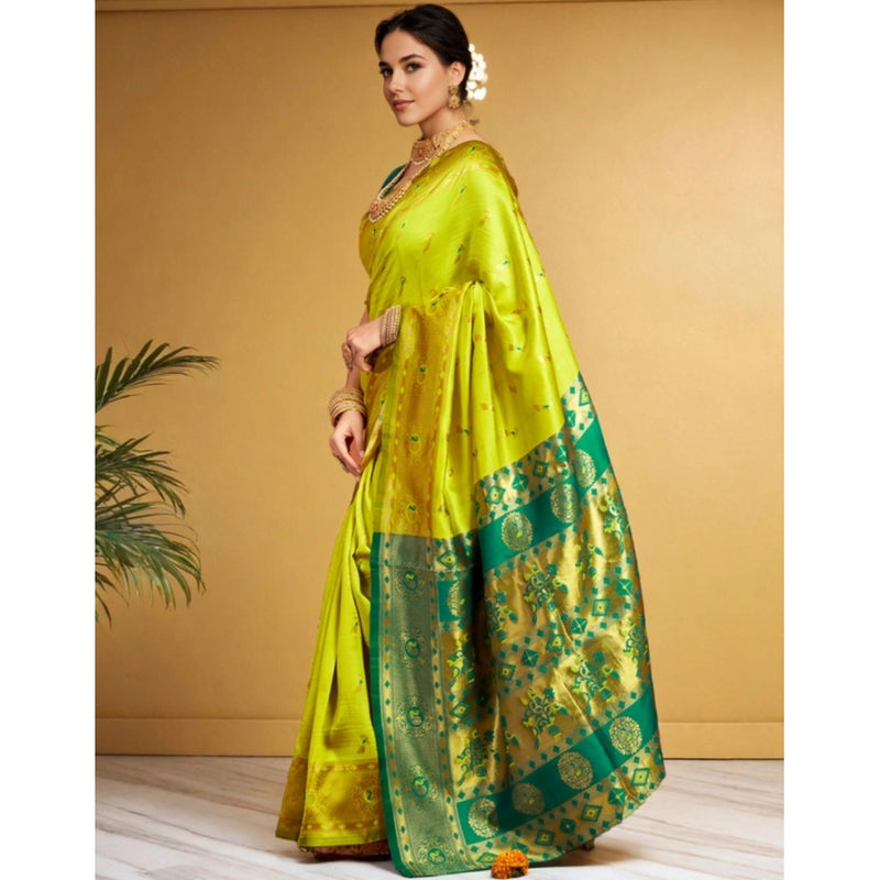 Mayawye Women's Silk Blend Zari Weaving Saree With Unstitched Blouse 5.5Mtr (Lime-Green)