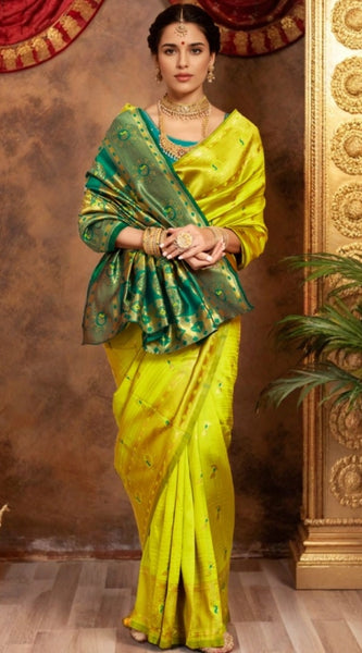 Mayawye Women's Silk Blend Zari Weaving Saree With Unstitched Blouse 5.5Mtr (Lime-Green)