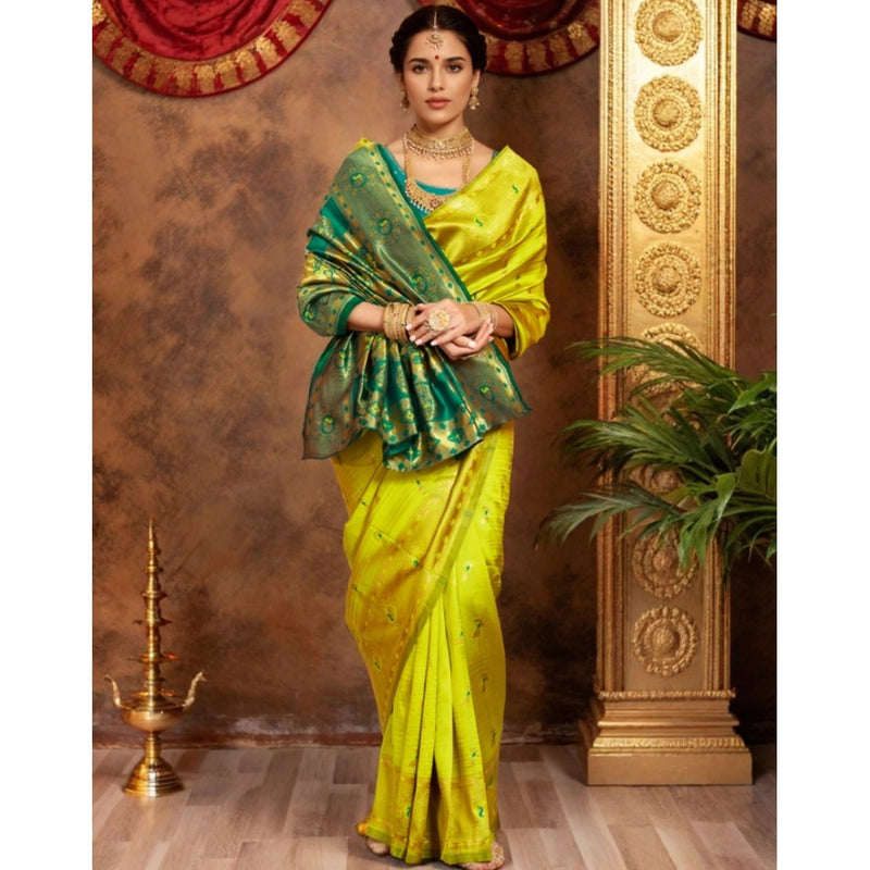 Mayawye Women's Silk Blend Zari Weaving Saree With Unstitched Blouse 5.5Mtr (Lime-Green)