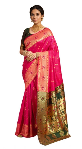 Mayawye Women's Silk Blend Zari Weaving Saree With Unstitched Blouse 5.5Mtr (Pink)