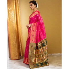 Mayawye Women's Silk Blend Zari Weaving Saree With Unstitched Blouse 5.5Mtr (Pink)