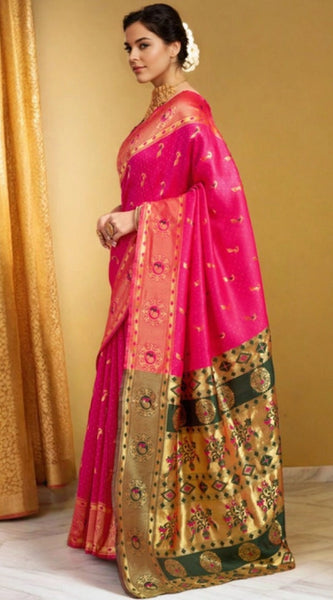 Mayawye Women's Silk Blend Zari Weaving Saree With Unstitched Blouse 5.5Mtr (Pink)