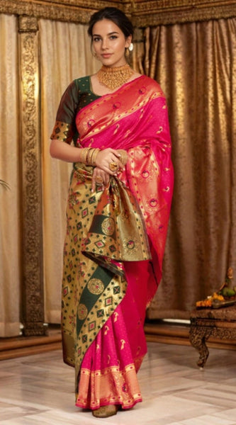 Mayawye Women's Silk Blend Zari Weaving Saree With Unstitched Blouse 5.5Mtr (Pink)