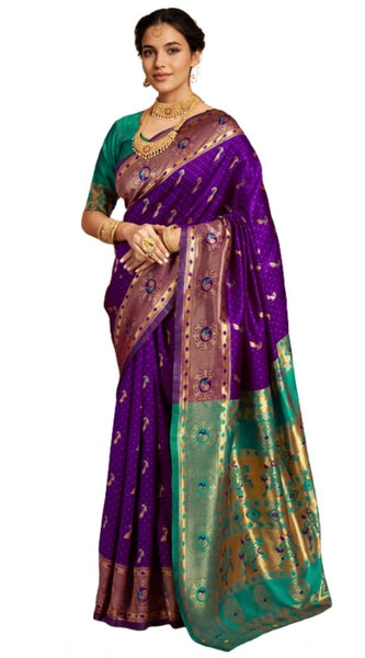 Mayawye Women's Silk Blend Zari Weaving Saree With Unstitched Blouse 5.5Mtr (Purple)