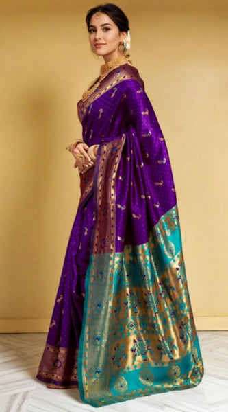 Mayawye Women's Silk Blend Zari Weaving Saree With Unstitched Blouse 5.5Mtr (Purple)