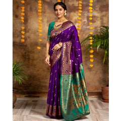 Mayawye Women's Silk Blend Zari Weaving Saree With Unstitched Blouse 5.5Mtr (Purple)