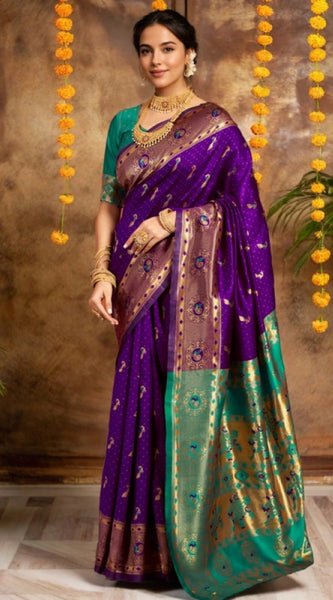Mayawye Women's Silk Blend Zari Weaving Saree With Unstitched Blouse 5.5Mtr (Purple)