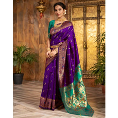 Mayawye Women's Silk Blend Zari Weaving Saree With Unstitched Blouse 5.5Mtr (Purple)