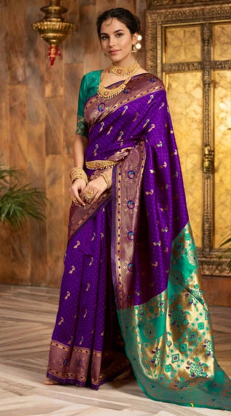 Mayawye Women's Silk Blend Zari Weaving Saree With Unstitched Blouse 5.5Mtr (Purple)